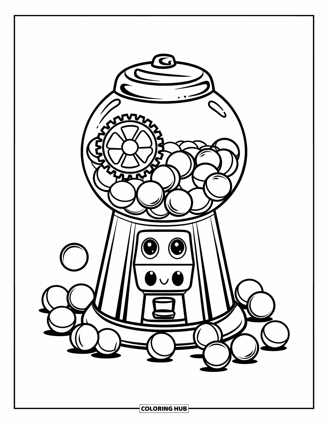 Gumball Coloring Page for Kids: Gumballs roll from a happy candy machine with gears and a big round body