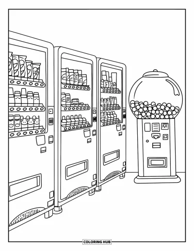 Desen de colorat cu bile de gumă pentru copii: Automate de gustări și băuturi stau în rând cu un automat de gumă strecurat între ele