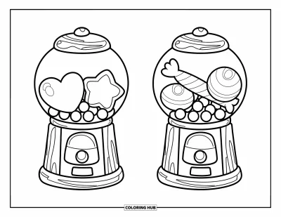 Desen de colorat cu bile de gumă pentru copii: Două automate de bomboane stau unul lângă altul, pline cu bomboane în formă de stele, inimi și fețe zâmbitoare