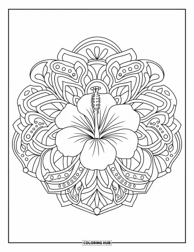 Hawaiianisches Blumen-Ausmalbild für Erwachsene: Eine kräftige Hibiskusblüte zentriert in einem ganzseitigen botanischen Mandala