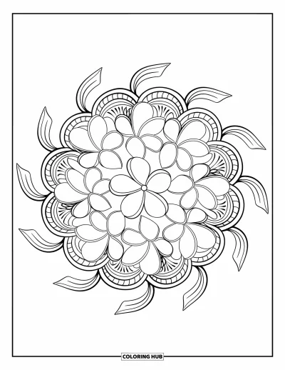 Hawaiianisches Blumen-Ausmalbild für Erwachsene: Ein Kreis aus Orchideen und Plumeria-Blüten in einem detaillierten Mandala-Layout