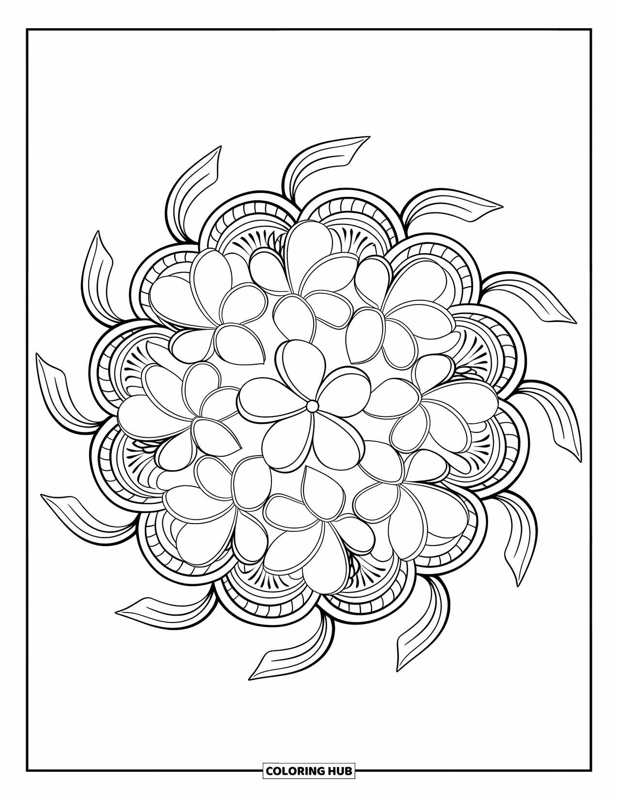 Hawaiian Flower Coloring Page for Adults: A circle of orchids and plumeria blooms sits within a detailed mandala layout