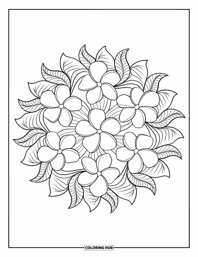 Hawaiianisches Blumen-Ausmalbild für Erwachsene: Ein kreisförmiges Mandala aus Plumeria und Orchideen mit filigranen Blattmustern