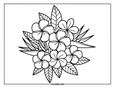 Hawaiianisches Blumen-Ausmalbild für Erwachsene: Ein hübscher Strauß tropischer Blüten mit runden Blütenblättern und eingebetteten Blättern