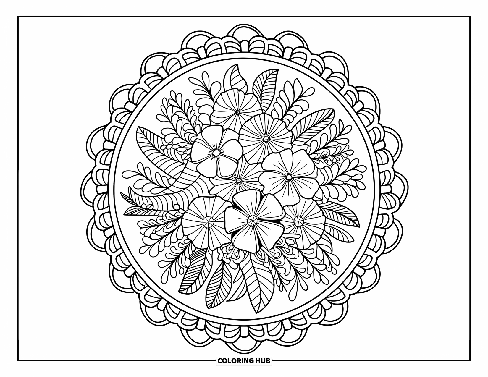 Hawaiian Flower Coloring Page for Adults: A detailed Hawaiian flower bouquet rests in a mandala made of interlocking circles