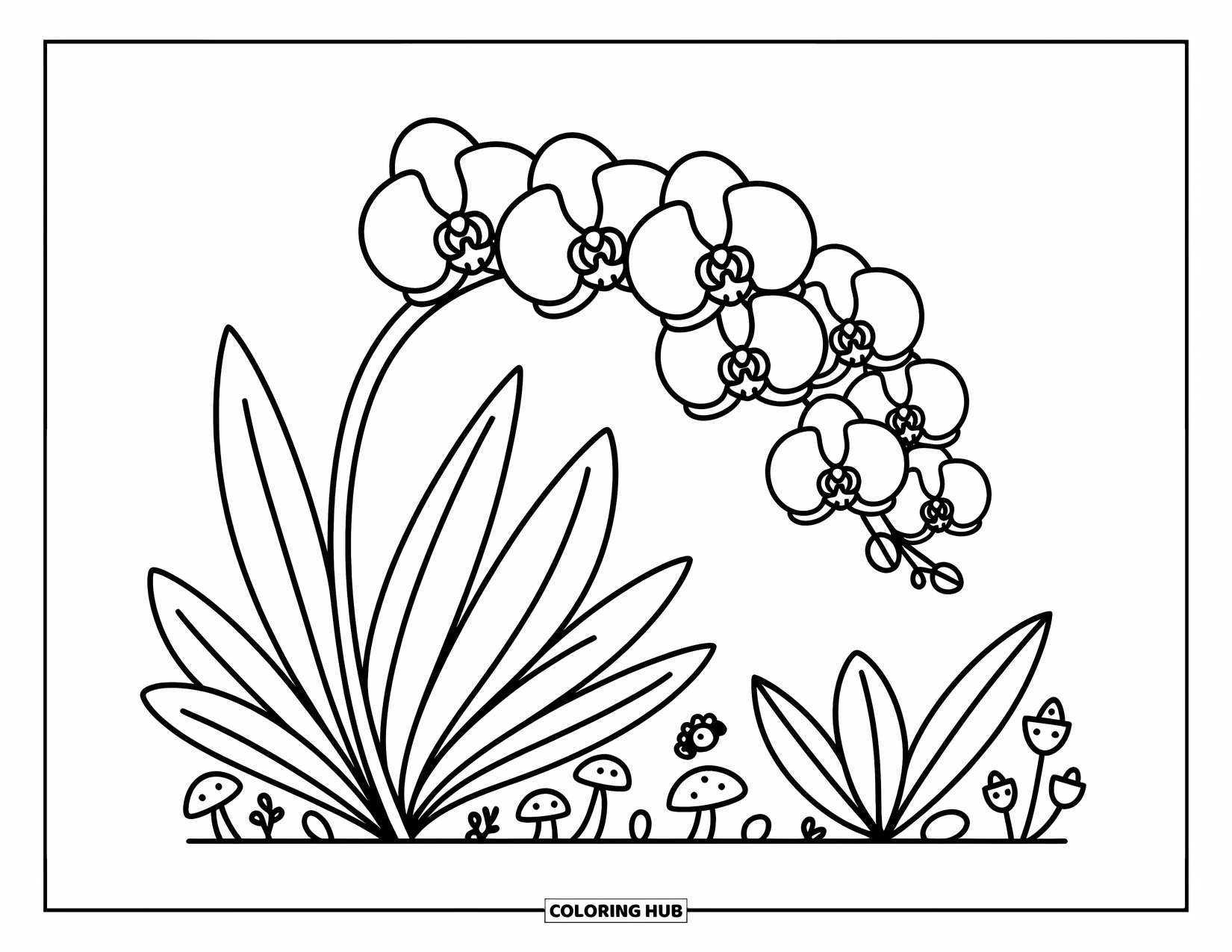 Hawaiian Flower Coloring Page for Adults: A graceful orchid stem bends with cute blooms and tiny mushrooms around playful leaves