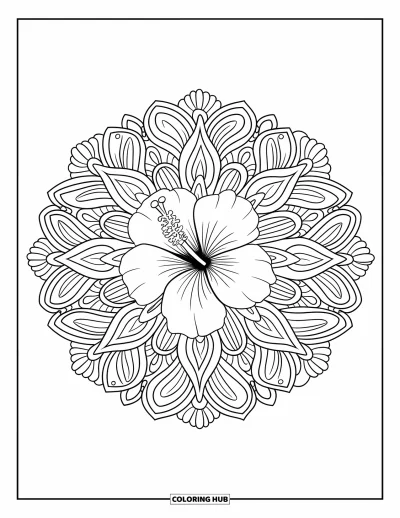 Hawaiianisches Blumen-Ausmalbild für Erwachsene: Eine Hibiskusblüte sitzt im Herzen eines detaillierten botanischen Mandalas