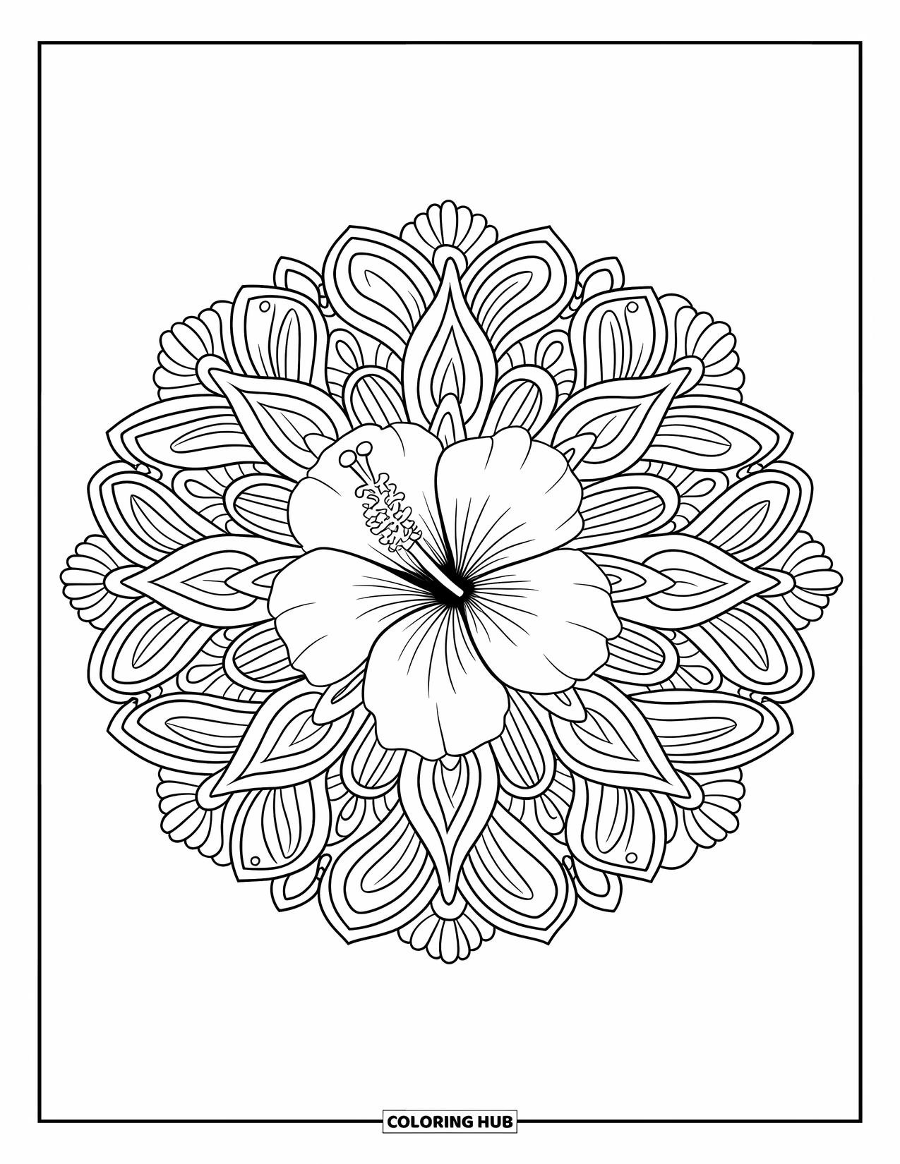 Hawaiian Flower Coloring Page for Adults: A hibiscus flower sits at the heart of a detailed botanical mandala