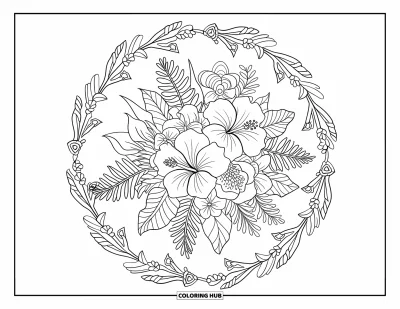Hawaiianisches Blumen-Ausmalbild für Erwachsene: Ein großer hawaiianischer Blütenstrauß in einem schwungvollen floralen Mandala-Rahmen