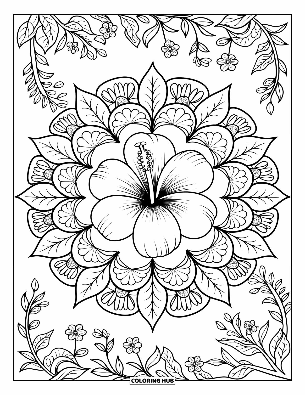 Hawaiian Flower Coloring Page for Adults: A large hibiscus flower rests inside a mandala filled with flowers and leafy vines