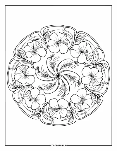 Hawaiianisches Blumen-Ausmalbild für Erwachsene: Ein Mandala spiralförmig nach außen mit Hibiskus- und Ingwerblumen in klaren, kräftigen Umrissen