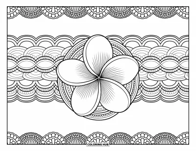 Hawaiianisches Blumen-Ausmalbild für Erwachsene: Eine Plumeria-Blüte ruht zwischen strukturierten Blütenringen und kunstvollen Spitzenrändern