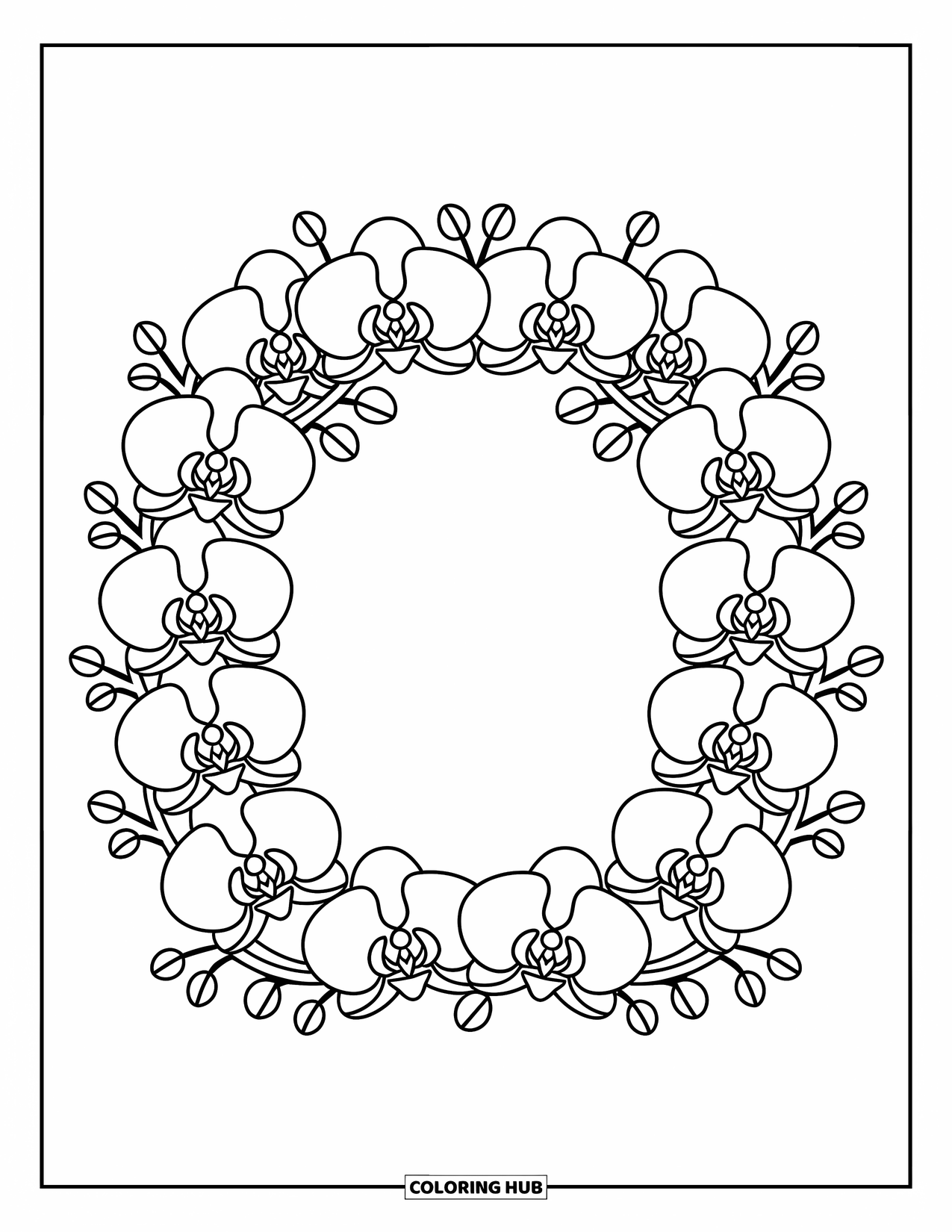 Hawaiian Flower Coloring Page for Adults: A rectangular orchid garland with puffed petals forms a cozy floral window