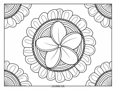 Hawaiianisches Blumen-Ausmalbild für Erwachsene: Eine einzelne Plumeria im Mittelpunkt geschichteter Blütenringe und Spitzenränder