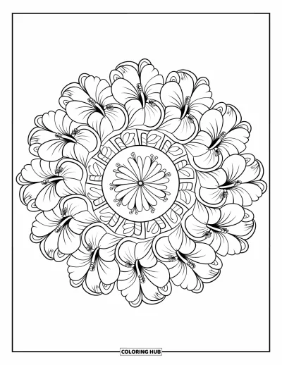 Hawaiianisches Blumen-Ausmalbild für Erwachsene: Eine Spirale aus Hibiskus- und Ingwerblüten bildet das Zentrum eines gemusterten Mandalas