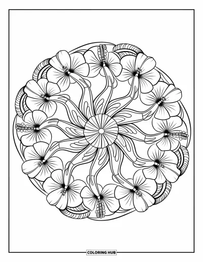 Hawaiianisches Blumen-Ausmalbild für Erwachsene: Eine Spirale tropischer Blüten ergibt ein ruhiges, kunstvolles Mandala-Design