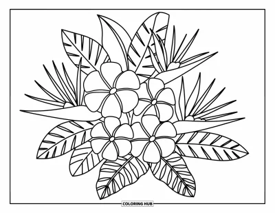 Hawaiianisches Blumen-Ausmalbild für Erwachsene: Eine liebliche Mischung tropischer Blüten dezentral angeordnet mit weichen Kurven und fröhlichen Blättern