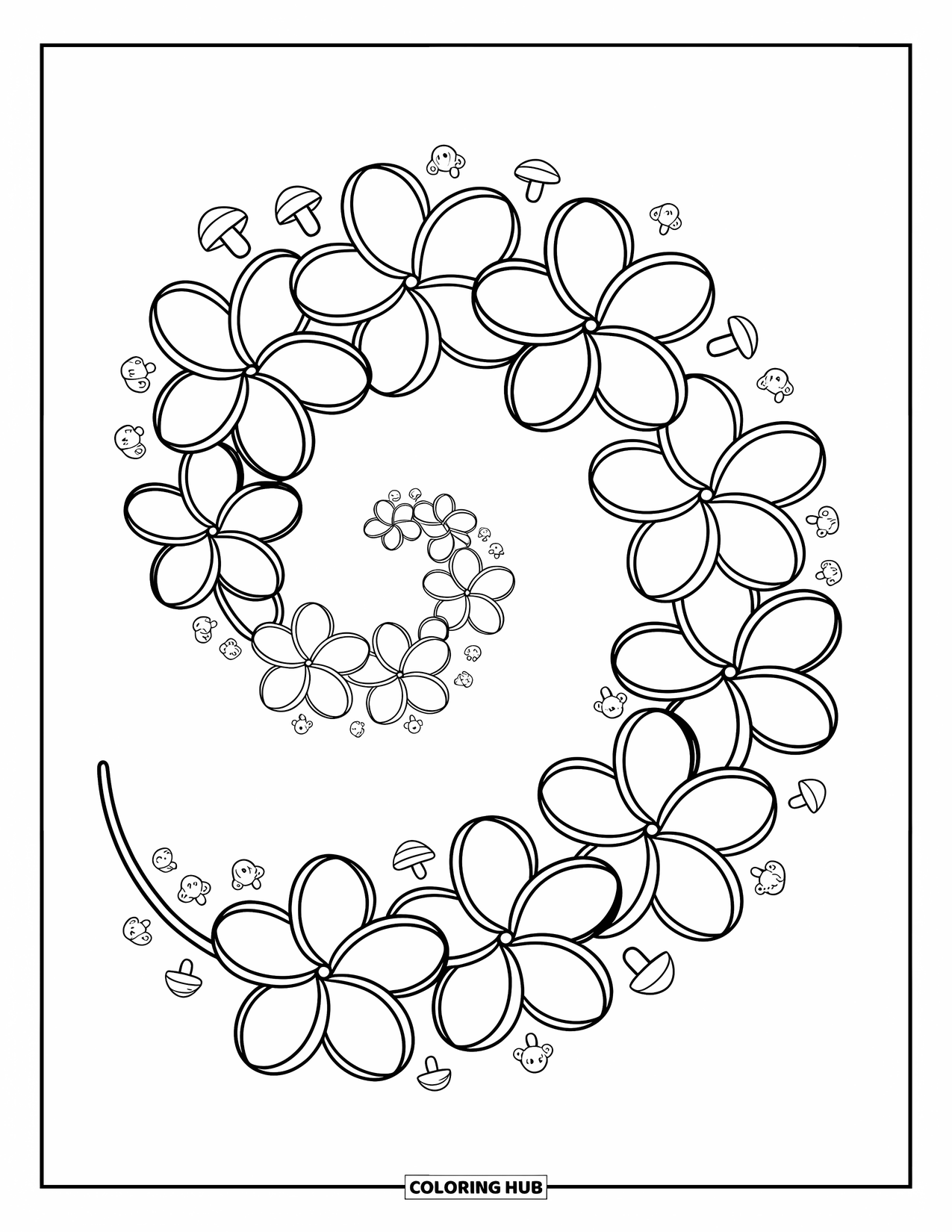 Hawaiian Flower Coloring Page for Adults: A swirl of plumeria blooms curls softly with tiny mushrooms and smiling bugs