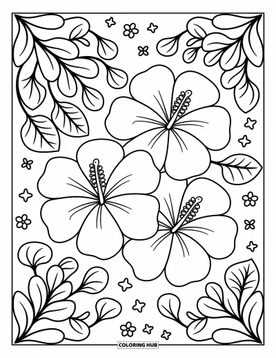 Hawaiianisches Blumen-Ausmalbild für Erwachsene: Drei Hibiskusblüten schmiegen sich zusammen mit verspielten Blättern und kleinen freundlichen Akzenten