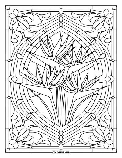 Hawaiianisches Blumen-Ausmalbild für Erwachsene: Paradiesvogelblumen in einem symmetrischen Buntglas-Design gerahmt