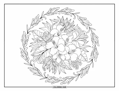 Hawaiianisches Blumen-Ausmalbild für Erwachsene: Gemischte hawaiianische Blüten füllen einen Strauß, umrahmt von einem kunstvollen floralen Mandala-Rand
