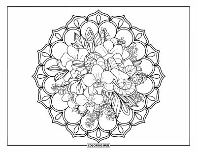 Hawaiianisches Blumen-Ausmalbild für Erwachsene: Orchideen, Ingwer und Hibiskus erblühen in einem Mandala aus Kreisen und Dreiecken