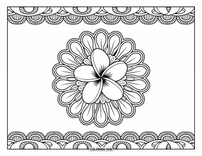 Hawaiianisches Blumen-Ausmalbild für Erwachsene: Eine Plumeria-Blüte in kreisförmigen Blütenringen und einem filigranen Spitzenrahmen