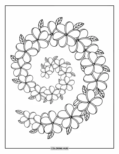 Hawaiianisches Blumen-Ausmalbild für Erwachsene: Plumeria-Blüten spiralförmig mit kleinen Blättern, die in einem verspielten Wirbel durchblitzen