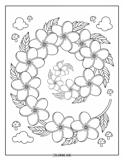 Hawaiianisches Blumen-Ausmalbild für Erwachsene: Spiralförmige Plumeria-Blüten mit fünf Blütenblättern ringeln sich mit verspielten Blättern und Kawaii-Doodles
