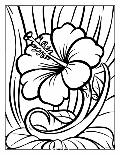 Hawaiianisches Blumen-Ausmalbild für Kinder: Kräftige Hibiskusblüte mit geschwungenem Stiel und fröhlichem Ausdruck