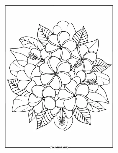 Hawaiianisches Blumen-Ausmalbild für Kinder: Kreisförmiger Strauß aus überlappenden Tropenblumen mit Blattdetails