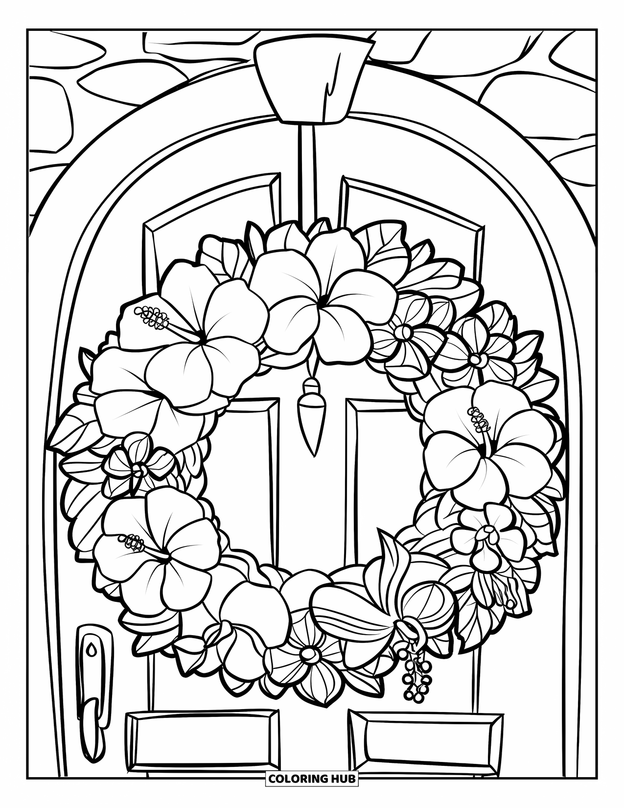 Hawaiian Flower Coloring Page for Kids: Floral wreath hangs on a wooden door with a stone wall behind it