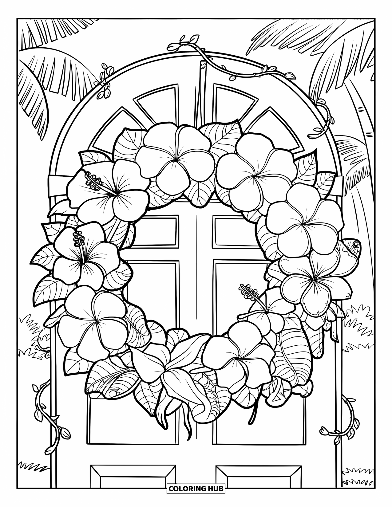 Hawaiian Flower Coloring Page for Kids: Flower wreath with vines hangs on a door in a tropical setting