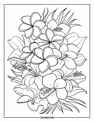 Hawaiianisches Blumen-Ausmalbild für Kinder: Plumeria, Hibiskus und Orchideen überlappen in einem stilvollen Strauß