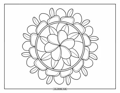 Hawaiianisches Blumen-Ausmalbild für Kinder: Plumeria-Mandala mit Blütenschichten und einem umlaufenden Blütenkreis