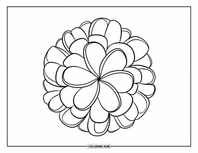 Hawaiianisches Blumen-Ausmalbild für Kinder: Plumeria-Mandala mit drei Blütenschichten, die vom Mittelpunkt ausstrahlen