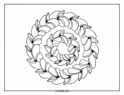 Hawaiianisches Blumen-Ausmalbild für Kinder: Plumeria-Spirale mit gebogenen Blättern, die sich in fünf sanften Windungen dreht