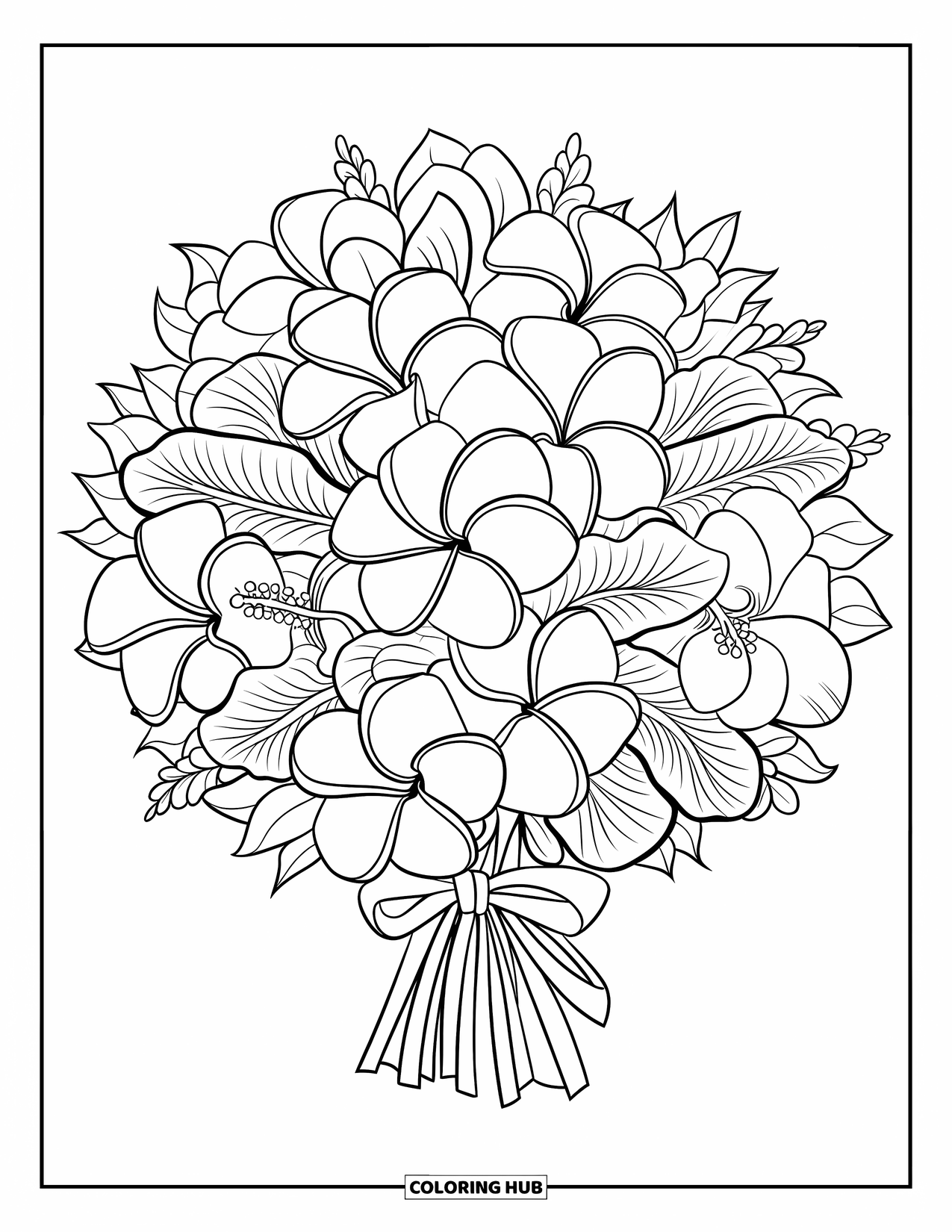 Hawaiian Flower Coloring Page for Kids: Round bouquet of plumeria, hibiscus, and tiare tied with a ribbon
