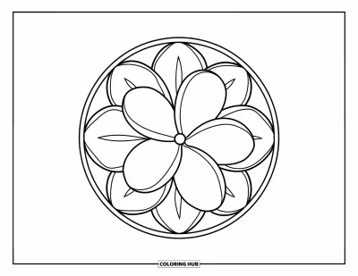 Hawaiianisches Blumen-Ausmalbild für Kinder: Schlichtes Plumeria-Mandala mit drei Blütenschichten und klaren Linien
