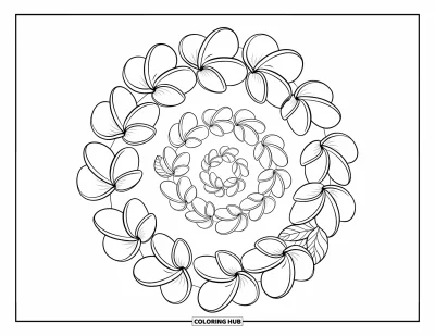 Hawaiianisches Blumen-Ausmalbild für Kinder: Spirale aus Plumeria-Blüten mit weichen Blättern, die sich hindurchschlängeln
