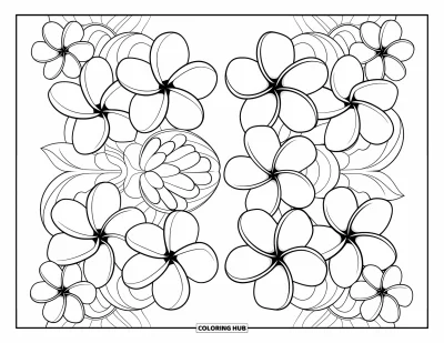 Hawaiianisches Blumen-Ausmalbild für Kinder: Stilvolle Plumeria- und Tiare-Blüten in einem symmetrischen Blumenmuster