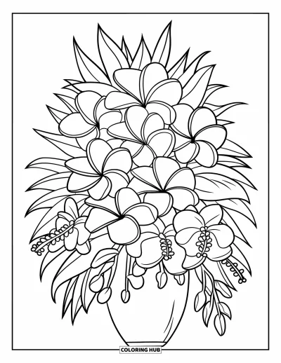Hawaiianisches Blumen-Ausmalbild für Kinder: Eine Vase hält einen Strauß aus überlappenden Tropenblumen