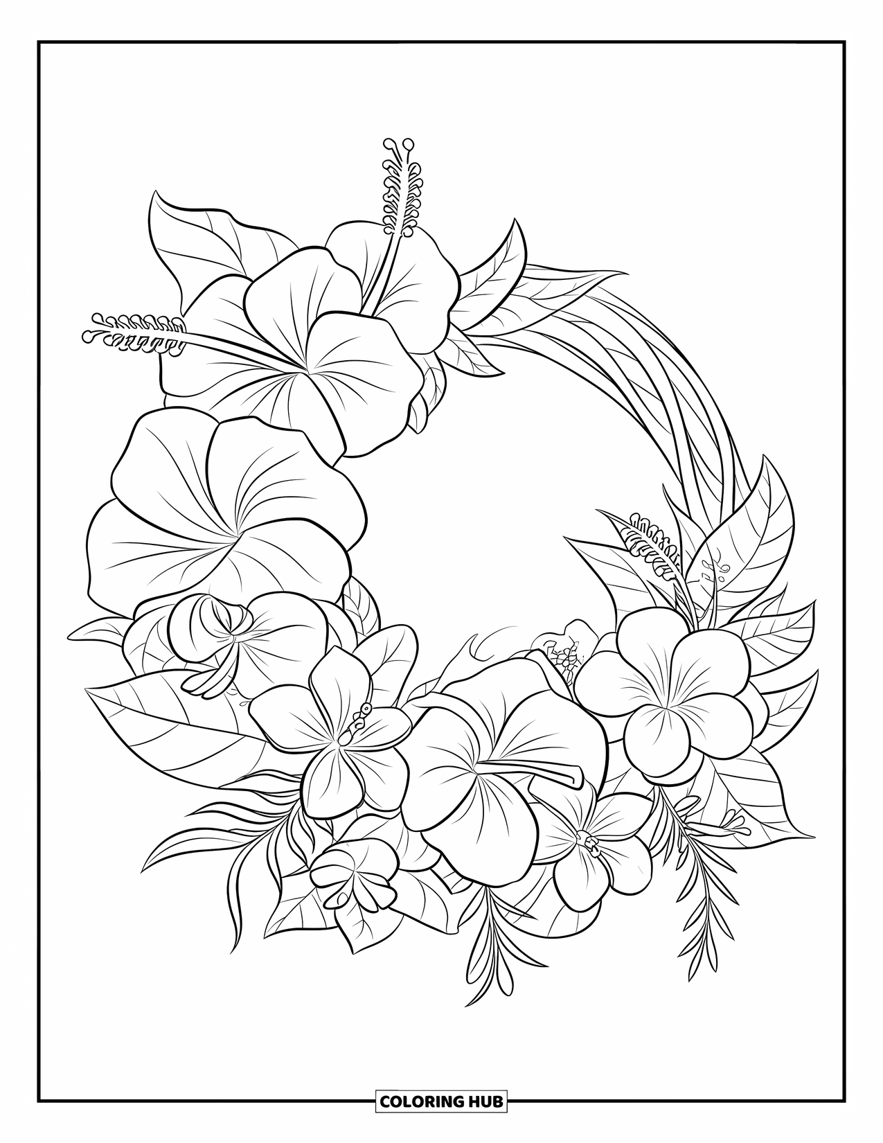 Hawaiian Flower Coloring Page for Kids: Wreath of hibiscus, plumeria, and orchids wrapped around a wooden ring