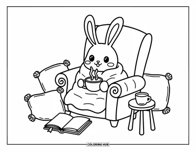 Coloriage de chocolat chaud pour adultes : Un lapin emmitouflé sirote un chocolat chaud dans un fauteuil rembourré entouré de coussins et de livres