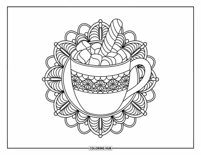 Coloriage de chocolat chaud pour adultes : Une tasse de chocolat chaud classique avec de la menthe poivrée et des chamallows parmi des mandalas floraux en dentelle