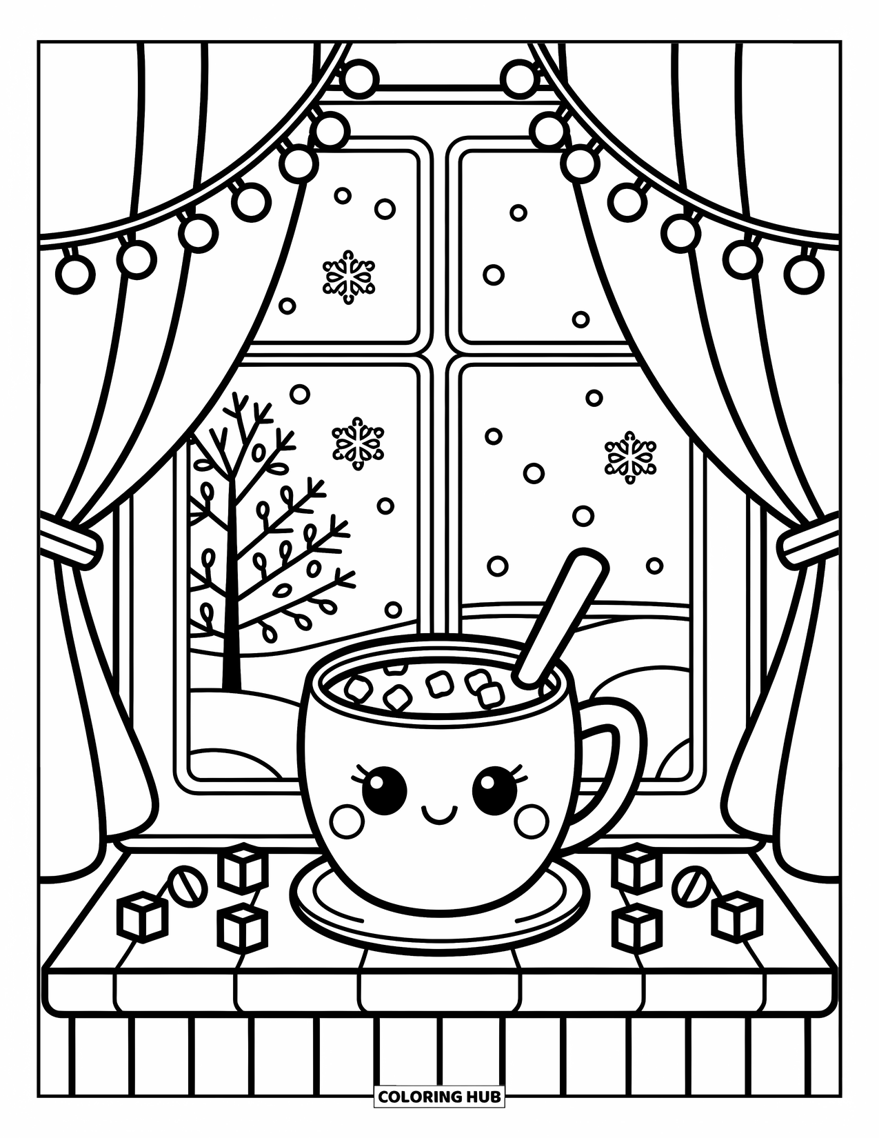 Hot Cocoa Coloring Page for Adults: A cocoa mug and spoon rest on a windowsill beside snowflakes and string lights