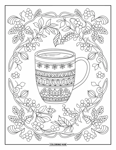 Coloriage de chocolat chaud pour adultes : Une tasse de chocolat chaud au cœur de lierre torsadé et de baies hivernales