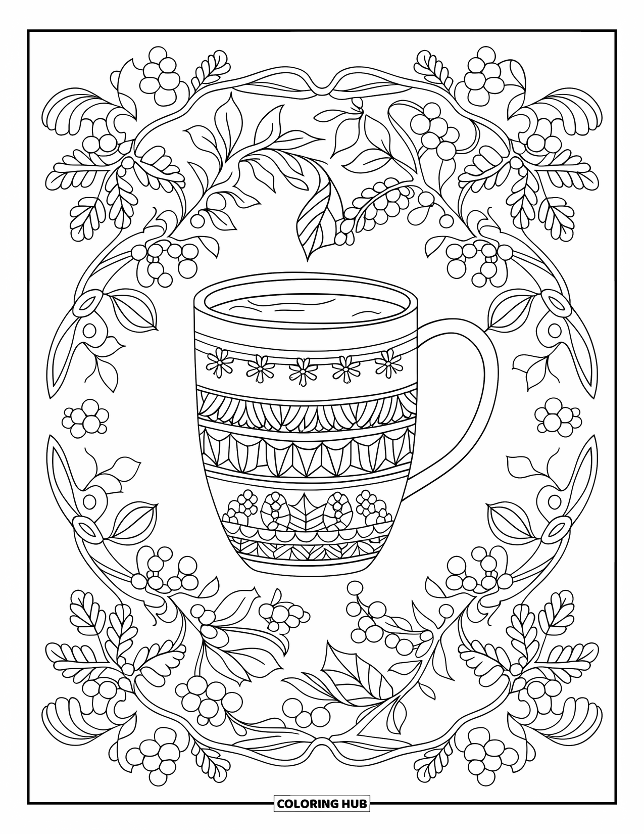 Hot Cocoa Coloring Page for Adults: A cocoa mug sits in the center of twisting vines and winter berries