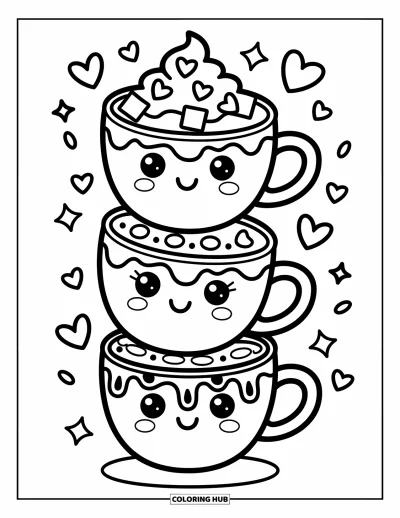 Coloriage de chocolat chaud pour adultes : Une tour de tasses souriantes entourée d'étoiles ludiques et de doux gribouillis sucrés