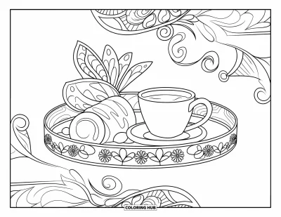 Coloriage de chocolat chaud pour adultes : Un plateau de chocolat chaud aux bordures florales invite à la détente avec de doux motifs botaniques